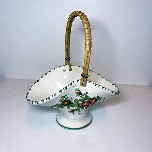 Vintage Ulmer Keramik Floral Porcelain Basket Wicker Handle Germany 400/1